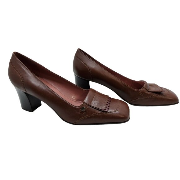Etienne Aigner Shoes - vintage 1990s etianne aigner eysabel brown leather 2.5" chunky heel pumps
